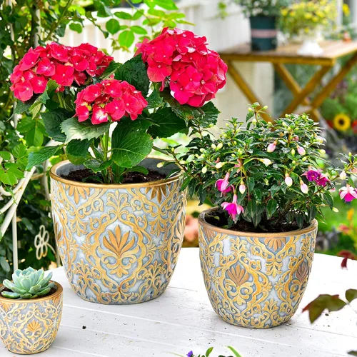 Vista 3 de Sungmor Macetas grandes de cemento resistentes, hermosas macetas de jardín de hormigón en relieve, juego de 2 macetas de 8 y 10 pulgadas