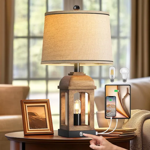 Vista 8 de QiMH Lámpara de mesa para sala de estar, lámparas de granja con USB A+C y luz nocturna, lámparas de noche rústicas de 26" con control táctil