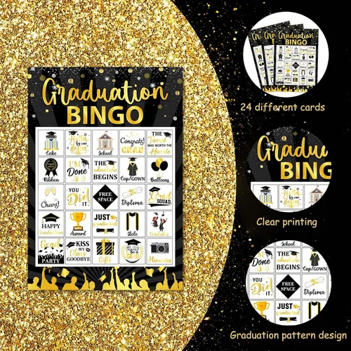 Vista 5 de Juegos de bingo de graduación, juego de graduación de oro negro para 24 jugadores, juegos de fiesta de graduación y actividades, tarjetas divertidas