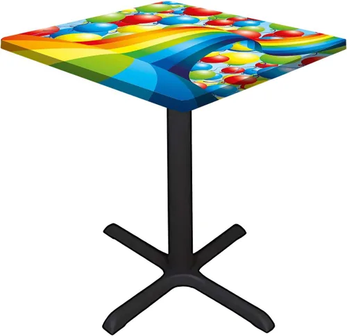 Vista 2 de Cubierta cuadrada para mesa de cumpleaños, muchos globos vibrantes ondulados arco iris, cubierta elástica para mesa, para restaurantes, picnic
