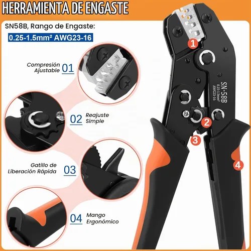 Vista 4 de Kit de conectores de clavija de 1379 piezas, conectores eléctricos con herramienta de engarzado, 28 tipos de pasadores de crimpado macho hembra