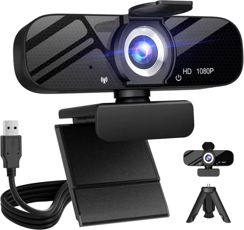 Vista 9 de Tewiky Cámara web Full HD con micrófono integrado y trípode giratorio, video 2K y cámara gran angular, cubierta de privacidad, para PC de escritorio