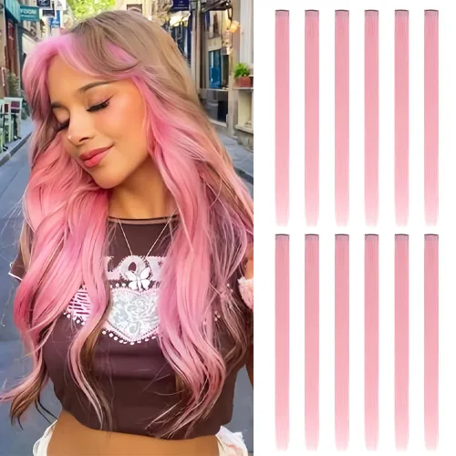 Vista 11 de 20 extensiones de cabello con clip de colores para niñas, extensiones de cabello arcoíris multicolor de 20 pulgadas, reflejos instantáneos, piezas