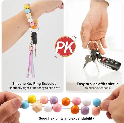 Vista 4 de keychain wristlet Silicone Key Ring Bracelet Car Keys Holder Women Beaded Bangle Chains with Leather Tassel