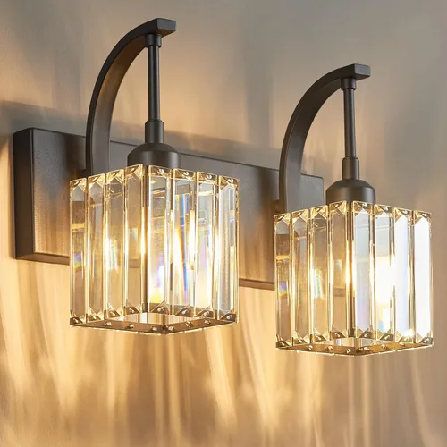 Vista 28 de Luces de tocador de cristal de 3 luces negras para tocador de baño, modernas lámparas de baño de cristal sobre espejo de 23.62 pulgadas de largo