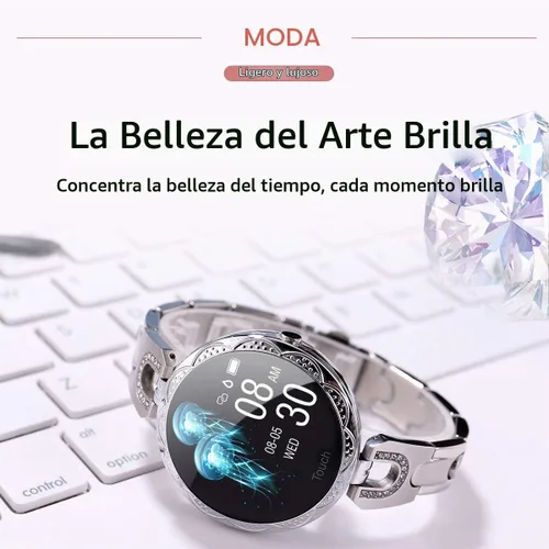 Vista 2 de findtime Reloj inteligente plateado para mujer, pulsera inteligente con diamantes de acero inoxidable, elegante rastreador de fitness, podómetro