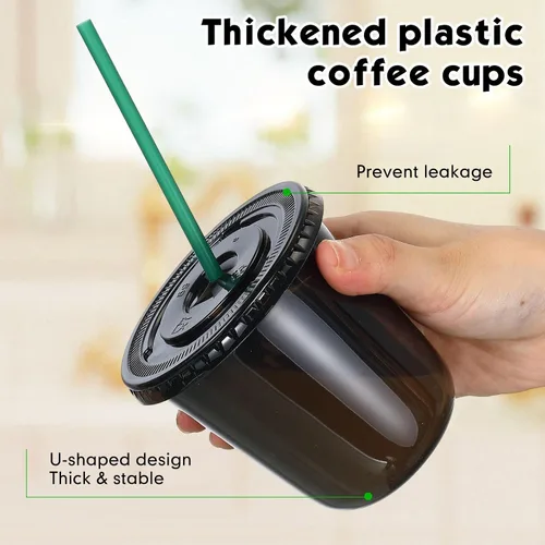 Vista 3 de Baderke Juego de 25 vasos de plástico con tapas y pajitas, tazas de plástico desechables para café helado, jugo, batido, cristal para cafeterías