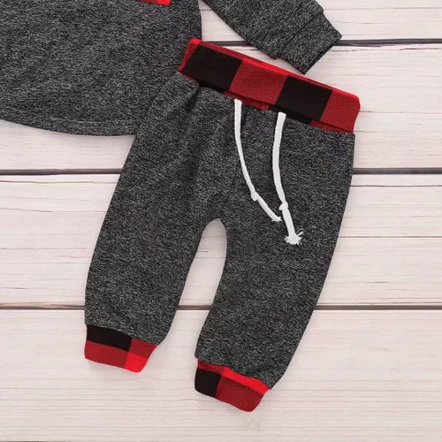 Vista 6 de Conjunto de 2 piezas de ropa para bebé y niña, de manga larga, con bolsillo a cuadros, con capucha y pantalones