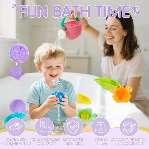Vista 2 de Juguetes de baño sin moldes, 11 piezas Botes flotantes seguros, fáciles de limpiar y divertidos & cuchara & regadera y juguete de ballena