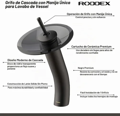 Vista 3 de Grifo de Baño de Cascada de Vidrio con Mango Único de Latón Macizo para Lavabo Lavatorio Vessel Sink Vanity, Alto, Negro