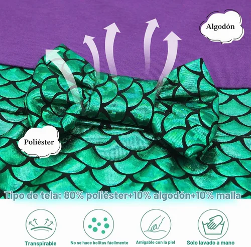 Vista 5 de HenzWorld Vestido de Sirena para Niñas Pequeñas, Vestido de Princesa Sirena, Ropa de Disfraz, Cosplay, Fiesta de Cumpleaños con Diadema Vestido +