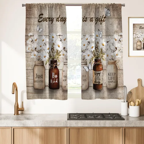 Vista 7 de Cortinas de cocina de estilo granja occidental con bolsillo para cortinero, pequeñas y cortas, estilo café rústico, cabaña, puerta de granero