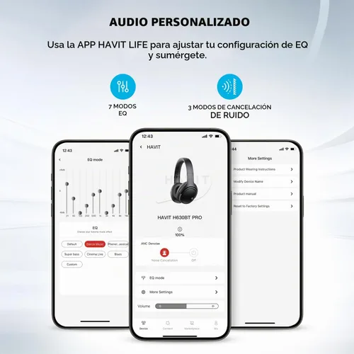 Vista 9 de havit Auriculares con cancelación activa de ruido, auriculares inalámbricos sobre la oreja, auriculares plegables Bluetooth 5.3 sobre la oreja