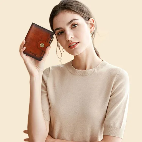 Vista 2 de Cartera de cuero con doble pliegue para mujer, bloqueo RFID, tarjetero compacto, cartera pequeña con ventana para identificación extraíble, A1