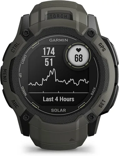Vista 3 de Garmin Instinct 2X Solar, reloj inteligente GPS resistente, linterna incorporada, capacidad de carga solar, GNSS multibanda, Moss