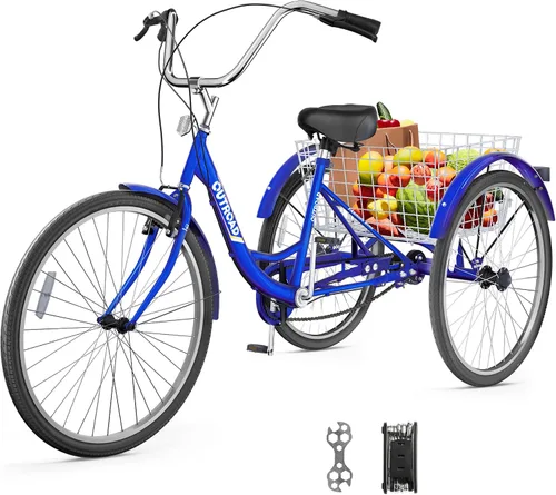 Vista 10 de Triciclo para adultos de 1 velocidad, bicicletas de 3 ruedas de 24 pulgadas con canasta grande, bicicleta de crucero para mujeres/hombres/personas
