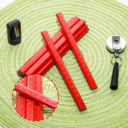 Vista 3 de Juego de 12 lápices de carpintero rojos, lápices de construcción de carpintería de 7 pulgadas con sacapuntas y soporte retráctil para trabajadores