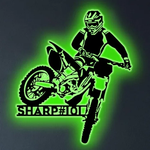 Vista 9 de Arte de pared de metal personalizado para motocross con luz LED, luz nocturna personalizada con nombre de motocross, decoración de lámpara de neón