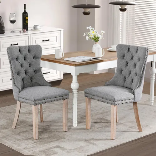 Vista 82 de Juego de 2 sillas de comedor tapizadas de tela de lino, sillas de cocina modernas de mediados de siglo con respaldo alto, ribete de cabeza de clavo