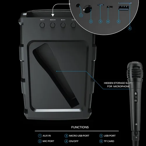 Vista 3 de Coby Spectra True - Altavoz Bluetooth inalámbrico, altavoz portátil con 5 modos de luz y micrófono, radio FM, batería recargable, USB, micro USB