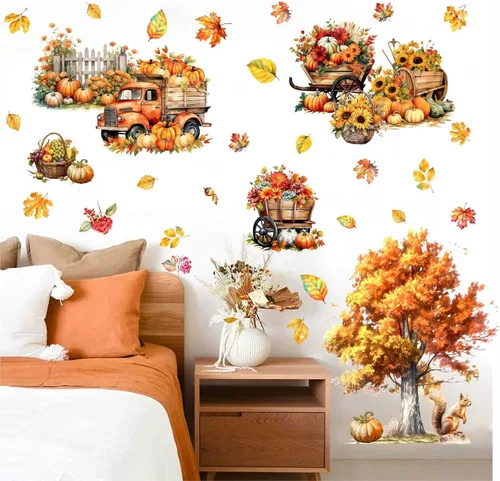 Vista 3 de Calcomanías de pared de árbol de arce, calcomanías de pared de otoño con hojas de otoño, calcomanías de pared de hojas de árbol amarillo