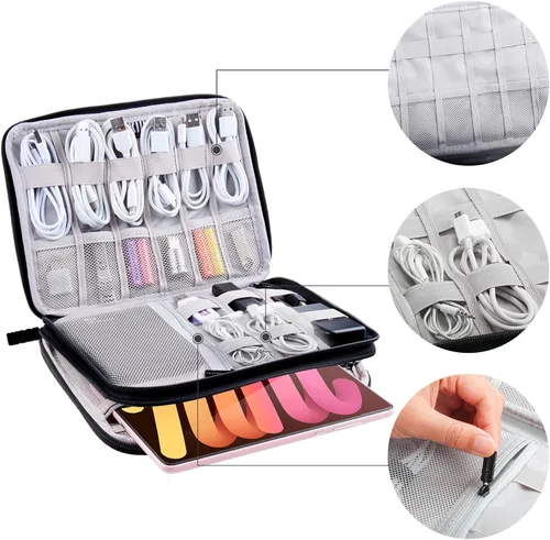 Vista 5 de Organizador de artículos electrónicos, estuche de viaje, organizador de cables, accesorios de viaje, esenciales para mujeres y hombres, bolsa