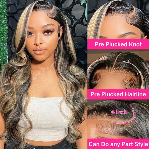 Vista 3 de Pelucas de Encaje Frontal Highlight Body Wave de Cabello Humano 1B/27 Sin Pegamento Densidad 180% 13x6 Peluca Sin Pegamento de Encaje Frontal