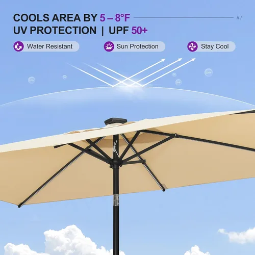 Vista 4 de PURPLE LEAF Sombrilla LED para patio y piscina, 5 x 8 pies, con base para Beige