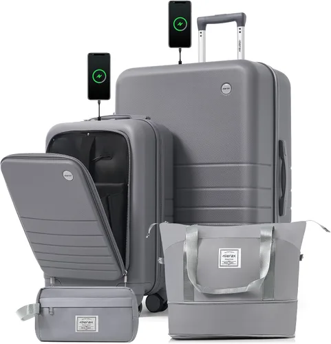 Vista 168 de Merax 3 piezas expandible ABS Hardshell equipaje Sets Spinner Wheel Maleta TSA Lock Suit Case, Apertura frontal negra, Juego de 2 piezas, Maleta