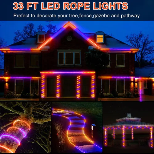 Vista 6 de Guirnalda de luces de Halloween para exteriores, 33 pies, 400 luces LED naranja y morado, luces de tubo impermeables enchufables, 8 modos