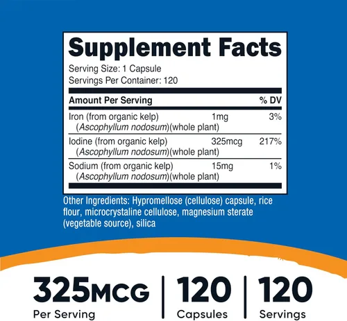 Vista 2 de Nutricost Yodo, yodo natural de algas marinas orgánicas, 325mcg, 120 cápsulas Sin gluten, vegetariano, sin OMG