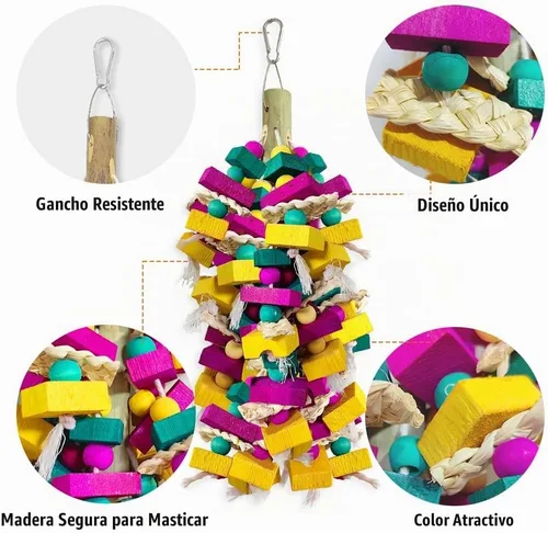 Vista 3 de Juguetes grandes para pájaros, bloque de madera multicolor con soporte de bambú, juguete para masticar pájaros, jaula de loro, juguete de mordida