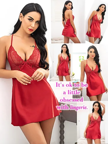 Vista 5 de Avidlove Lencería para mujer, cuello en V, camisón corto de satén con encaje para dormir