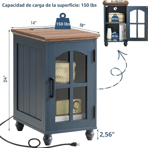 Vista 7 de Mesa auxiliar estrecha, mesita de noche estilo granja con estación de carga, mesa auxiliar de madera con puerta de granero de vidrio y Azul