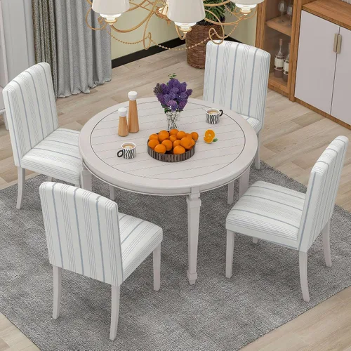 Vista 16 de Juego de mesa de comedor de madera de 5 piezas, mesa de comedor redonda extensible con 4 sillas de comedor, juego de mesa de cocina