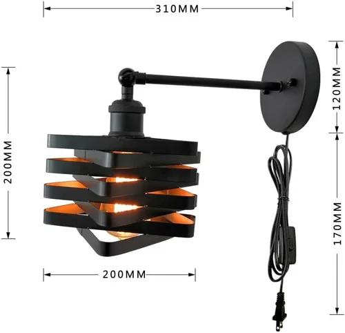 Vista 5 de Lámparas de pared industriales enchufables, accesorios de pared de metal con interruptor de encendido y apagado, lámpara de pared de granja