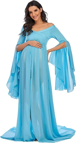 Vista 3 de ZIUMUDY Vestido largo de gasa de maternidad con hombros descubiertos para sesión de fotos, mangas acampanadas, vestido dividido para fotografía