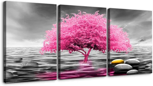 Vista 11 de Wewejia 3 piezas de lienzo gris para pared, calma/relajación, piedras zen doradas, cielo, pájaros, lago, niebla, luna llena, póster, arte de pared