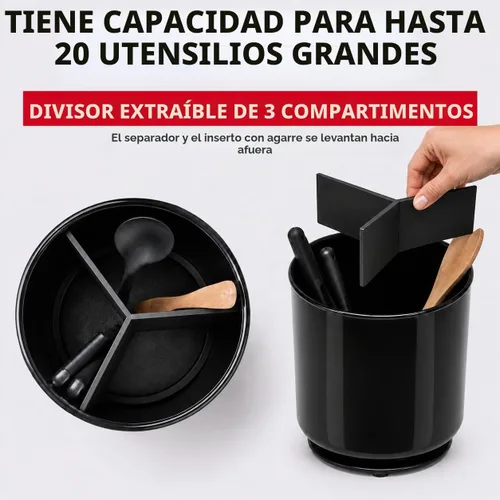 Vista 3 de Cooler Kitchen Portautensilios Jumbo Extra Grande Resistente Giratorio Negro con Base Pesada Antivuelco e Inserto con Agarre - A Prueba de Óxido