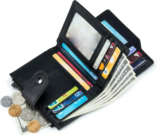 Vista 63 de LUKZIJAES Billetera de cuero genuino para hombre, con bloqueo RFID, delgada, plegable, bolsillo frontal, #3-Café, Vintage