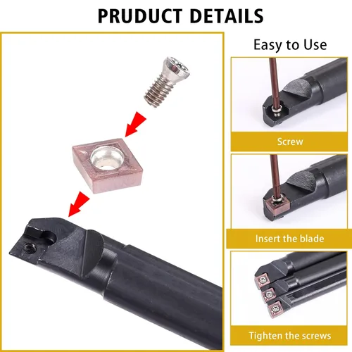 Vista 4 de VerRich Kit de herramientas de torneado de torno indexable, 3 barras de taladrado de torno S07K/S10K/S12M-SCLCR06 y 10 piezas de insertos de carburo