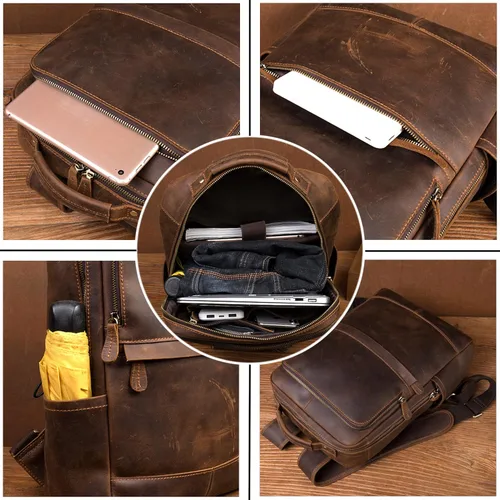 Vista 4 de Mochila para portátil de cuero genuino vintage de 15.6 pulgadas, bolsa de viaje para senderismo, mochila antirrobo para acampar