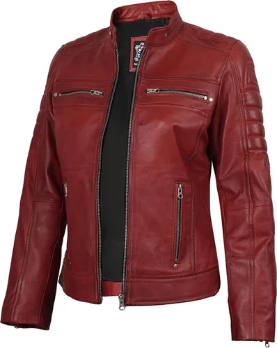 Vista 6 de Decrum Chaquetas de cuero de piel de cordero real Cafe Racer para mujer Negro