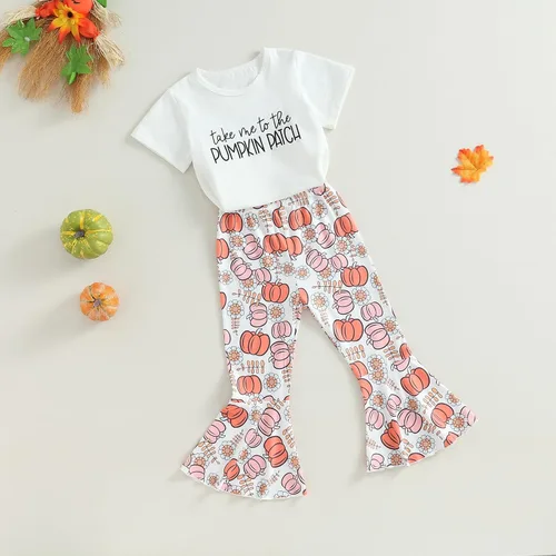 Vista 2 de Conjunto de ropa bonita de Halloween para niñas pequeñas, camiseta con parche de calabaza y pantalones acampanados, para niñas pequeñas