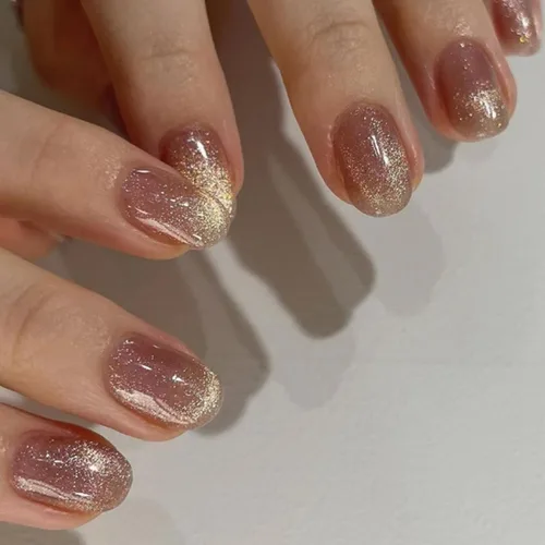 Vista 13 de Uñas postizas a presión medianas con forma de almendra, uñas falsas con puntas francesas y diseño de línea dorada, 24 piezas, uñas adhesivas