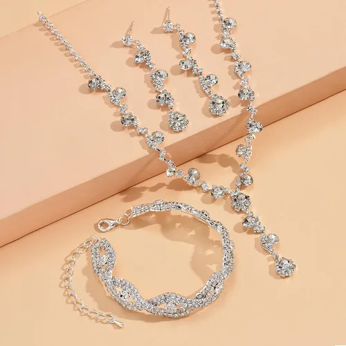 Vista 5 de HUASAI Juego de joyas de boda de plata para novias con circonita cúbica brillante, juego de joyas de graduación, disfraces, joyería formal, aretes
