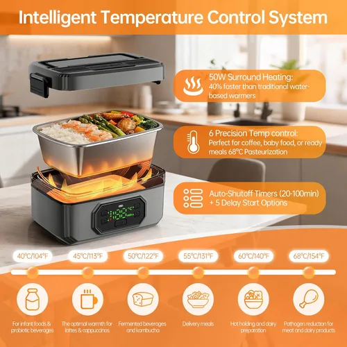 Vista 4 de Modelo Actualizado 2025: Lonchera Eléctrica Recargable Inalámbrica de 21000mAh para Adultos, Calentador de Alimentos de 1.2L con Temporizador y a