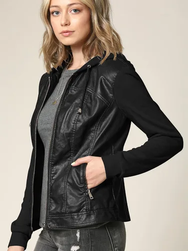 Vista 4 de Lock and Love - Chaqueta de motociclista de piel sintética con capucha desmontable, para mujer