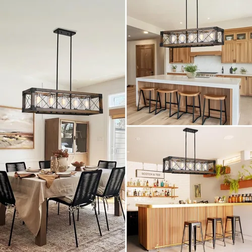 Vista 2 de WJShome Candelabro de granja de 35 pulgadas, iluminación de isla de cocina de 5 luces, lámpara rectangular moderna para comedor, candelabros