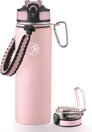 Vista 11 de GOSWAG - Botella de agua de viaje de acero inoxidable aislada de 24 onzas, 2 tapas with straw and no straw, Paracord handle, Double-wall vacuum